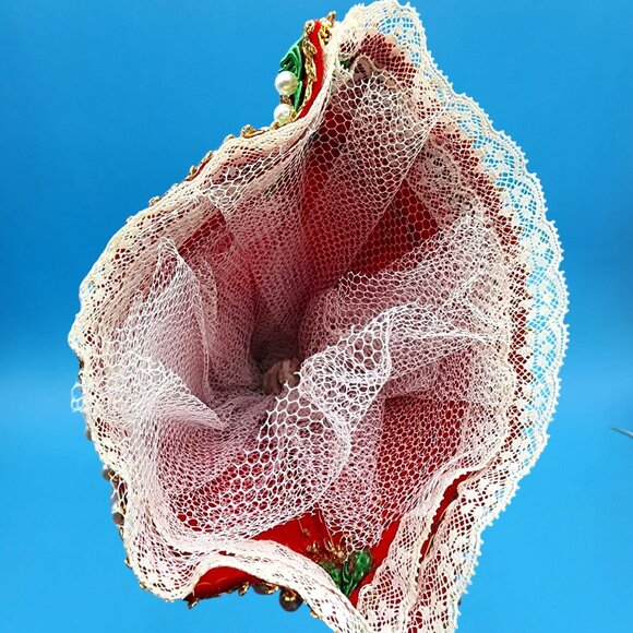 Vintage 1960s Angel Tree Topper Red Felt Dress Gold Trim Pearls Yellow Hair 9" - Picture 11 of 11